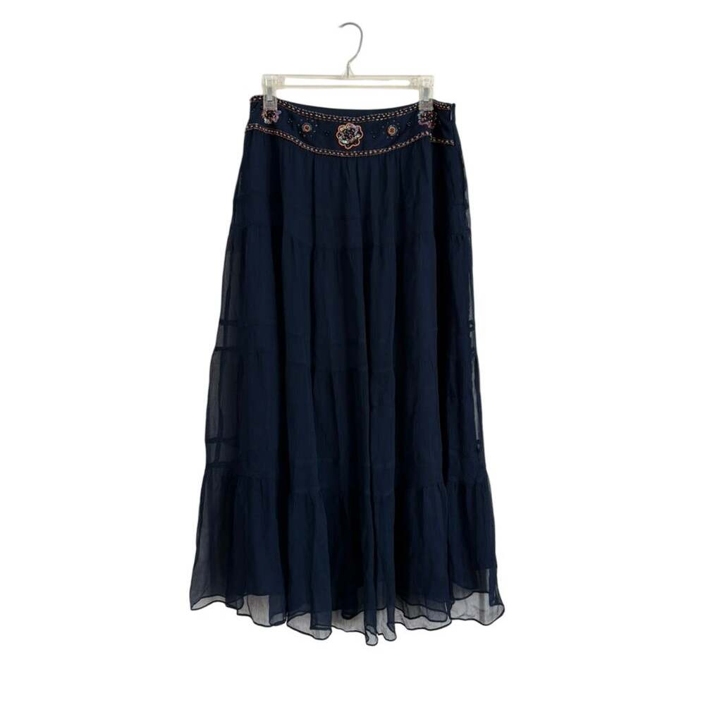 Bob Mackie Studio Navy Blue Boho Beaded Silk Maxi Skirt Women's 10